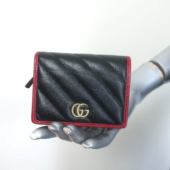 Gucci Torchon GG Marmont Card Case Wallet Black Diagonal Matelasse Leather - Picture 1 of 14